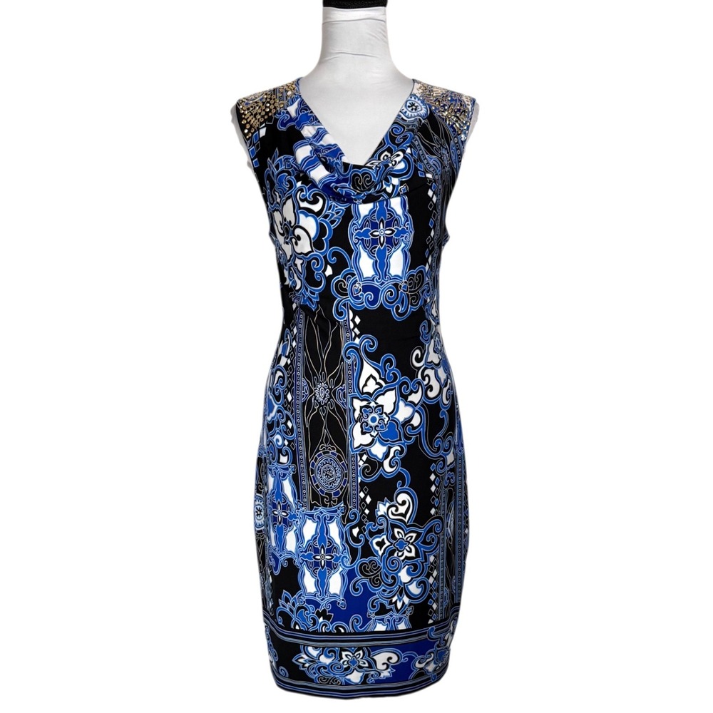 Cache‎ Slinky Jersey Knit Floral Sheath Dress Size L Fitted Blue Gold Studded